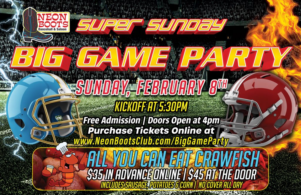 ALL-YOU-CAN-EAT-CRAWFISH and Super Bowl Watch Party at Neon Boots Dancehall & Saloon