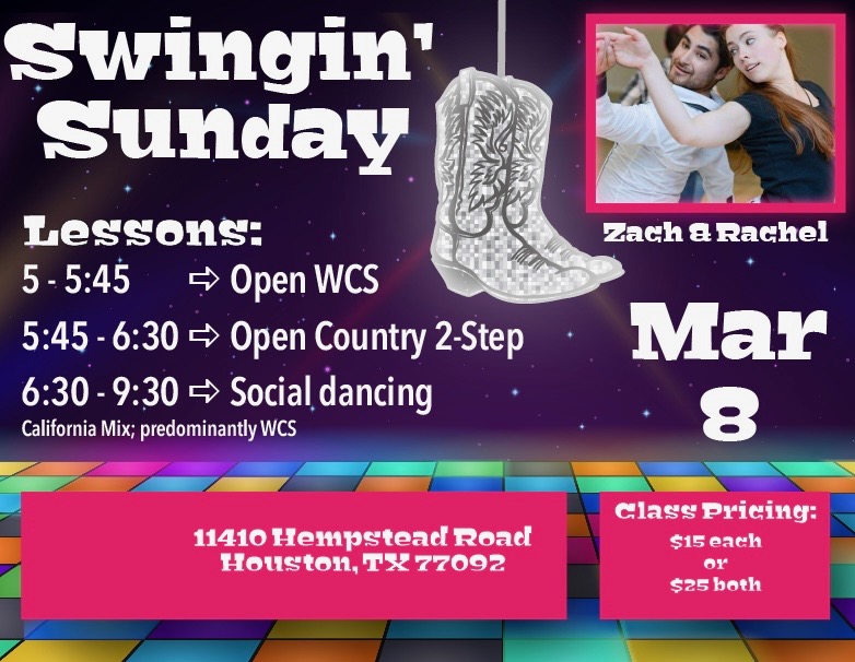 West Coast Swing Lessons on Saturday March 8th for the General Public at Neon Boots